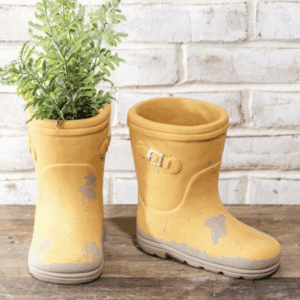 Yellow rain boots repurposed as plant pots with green plants inside.